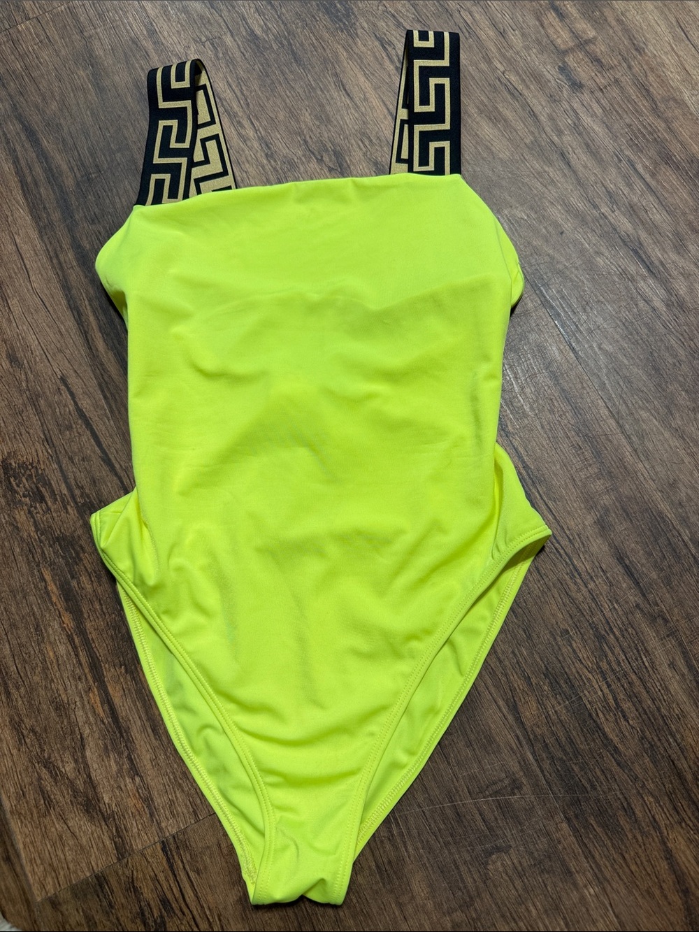 Neon Yellow One-Piece Swimsuit with Patterned Straps